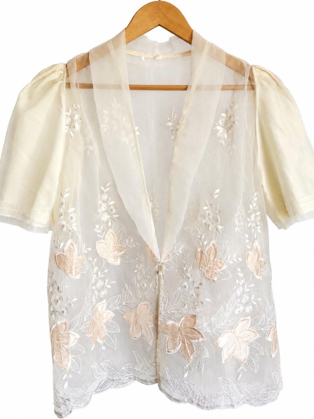 Vintage Sheer Floral Embroidered Blouse Ivory Puff Sleeve Mesh Overlay Women's M